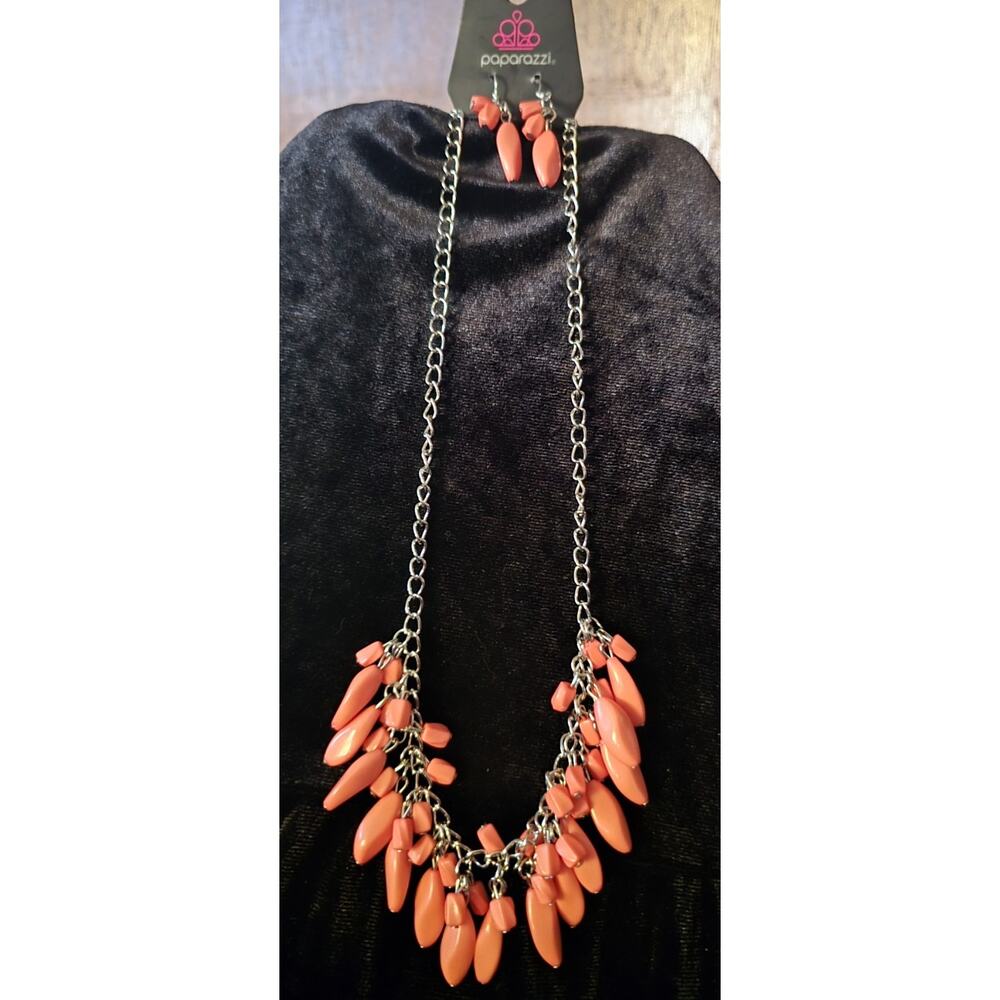 Paparazzi Jewelry Necklace Orange and Silver Tone with Earrings
